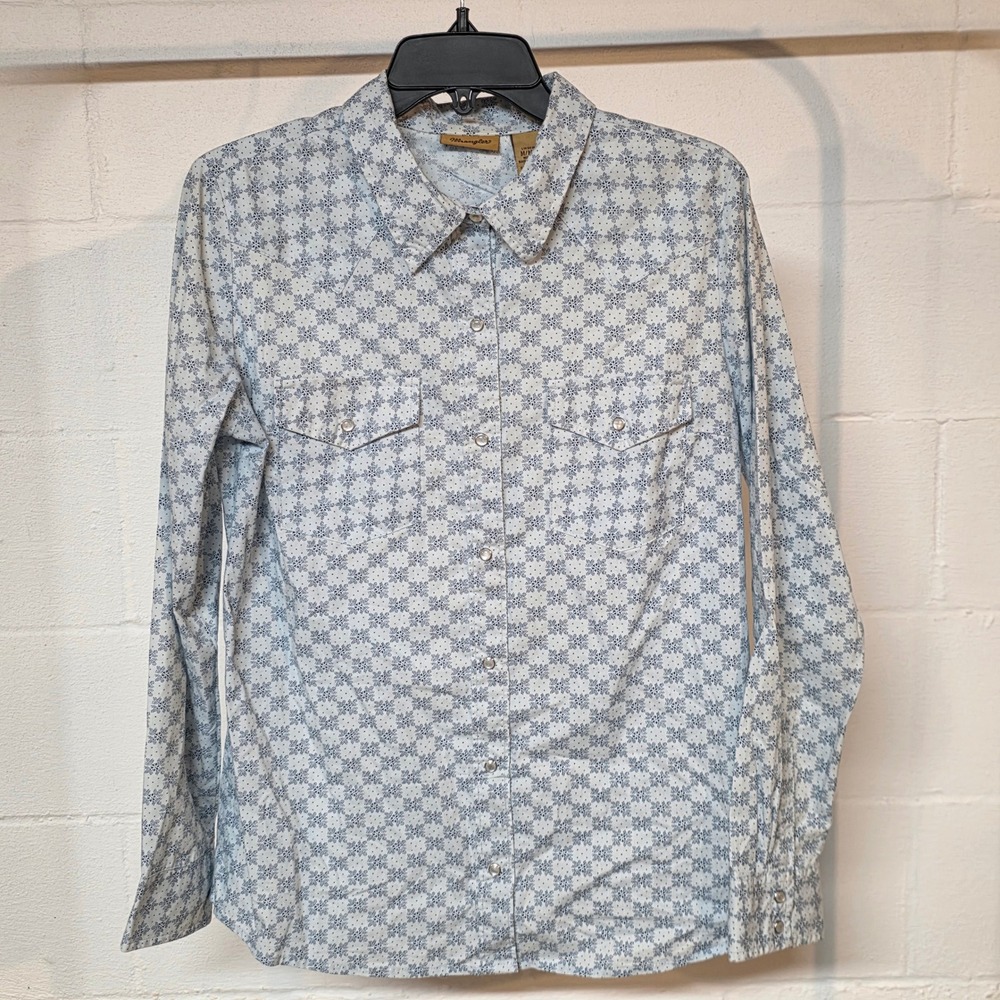 Wrangler Womens Blue White Geometric Floral Western Pearl Snap Shirt Medium